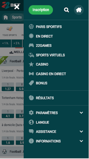 22bet menu mobile