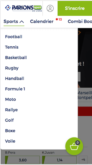 Parionssport menu