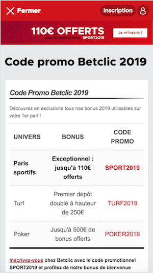 Inscription betclic 110 euros avec code promo