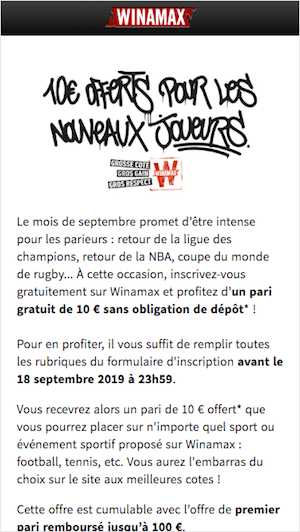 Winamax offre 10 euros sans depot