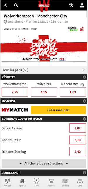 Wolves - Man City Winamax cotes