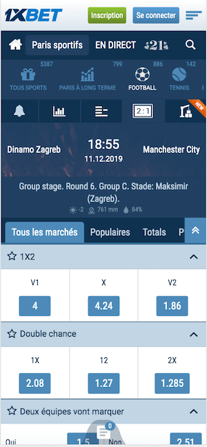 cotes paris sportifs Zagreb Man City