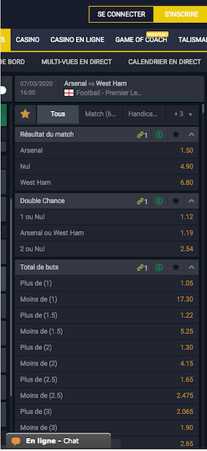 cotes Arsenal vs West Ham betmomo