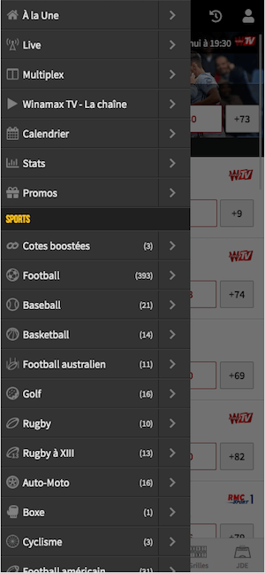 Winamax menu mobile