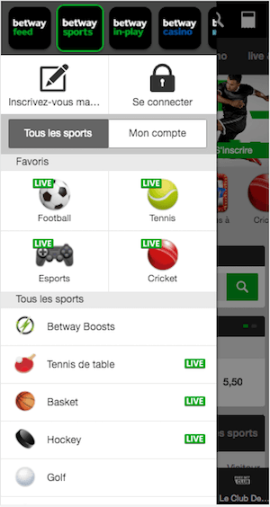 betway menu sur mobile