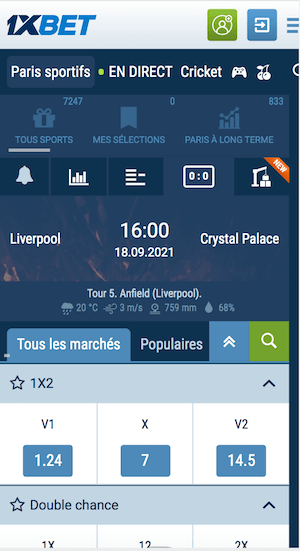 cotes liverpool vs Crystal Palace