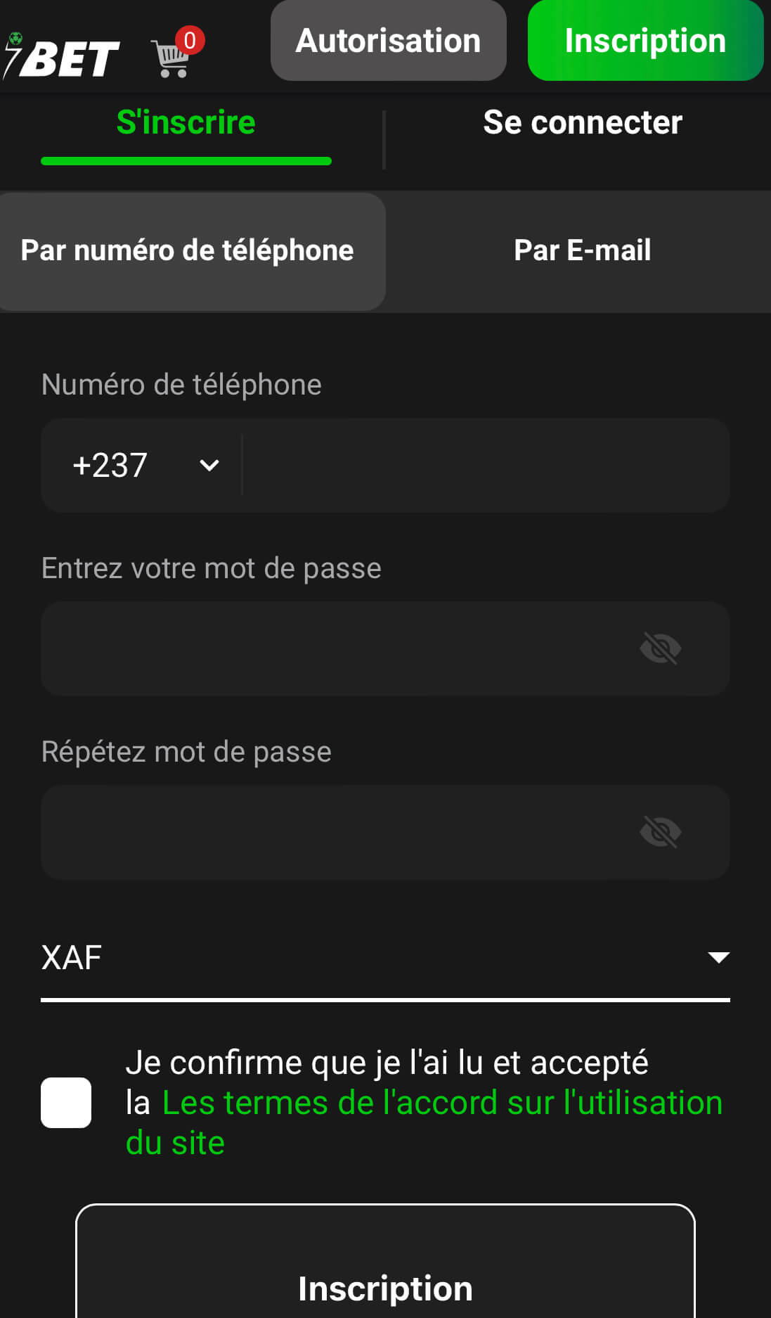 inscription 7Bet mobile 