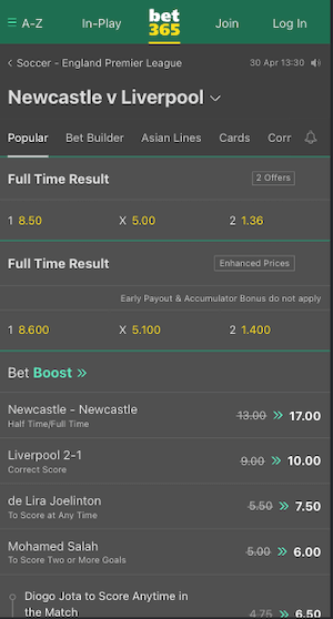 parier newcastle vs liverpool avec bet365