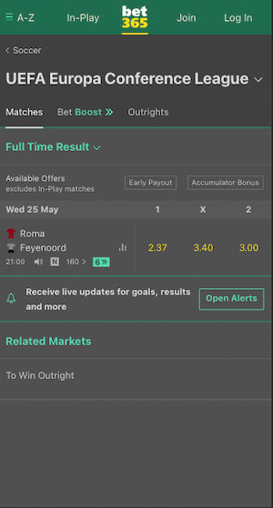 AS Rome vs Feyenoord cotes bet365