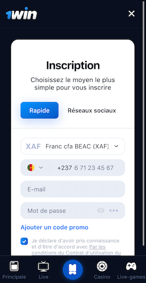 1win cameroun inscription sur mobile