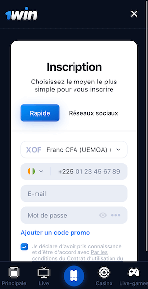 1win cote d ivoire inscription 