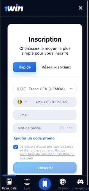 1win mali inscription sur mobile