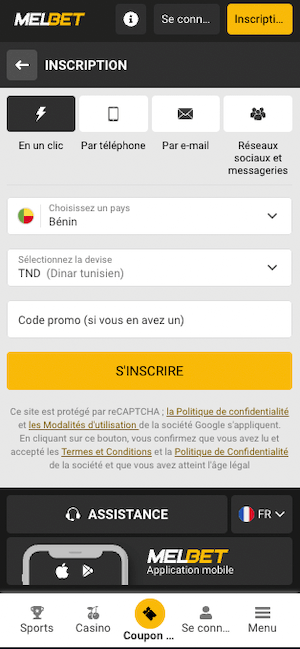 Melbet benin inscription sur mobile