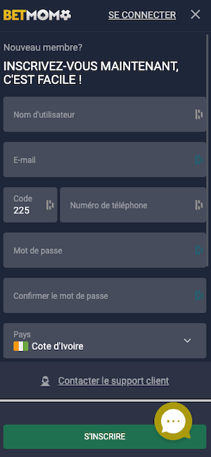betmomo cote d ivoire inscription sur mobile
