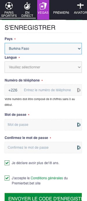 Premier Bet Burkina Faso inscription sur mobile 