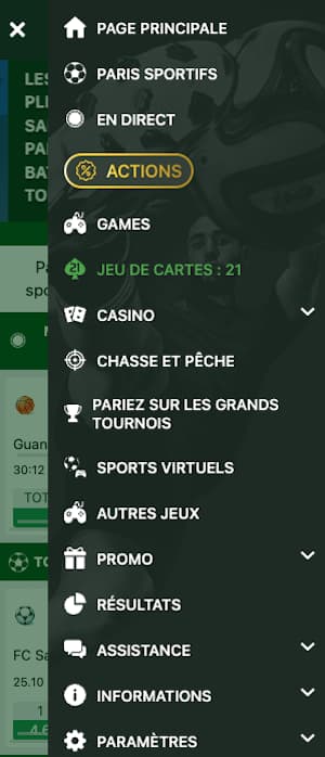 menu linebet sur mobile