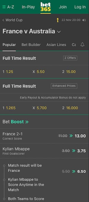 cotes france australie avec bet365