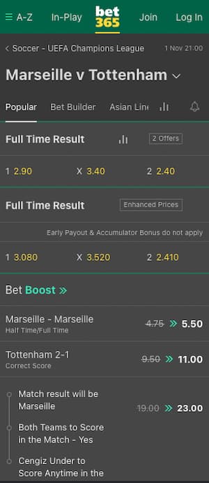 cotes marseille tottenham avec bet365