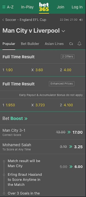 cotes man city liverpool avec bet365