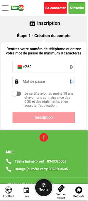 inscription bet261 sur mobile