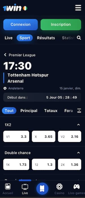 cotes tottenham arsenal avec 1win