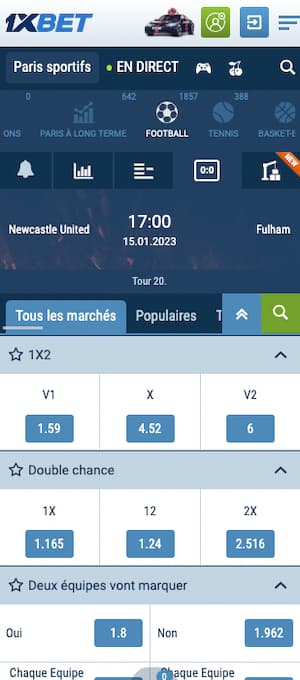 cotes newcastle fulham avec 1xbet