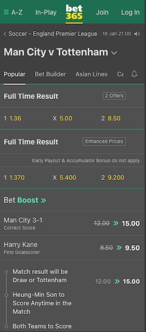 man city tottenham cotes bet365