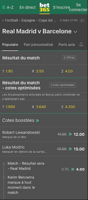 cotes real madrid vs barca avec bet365 pour la copa del rey