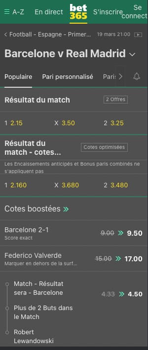 cotes barcelone vs real madrid