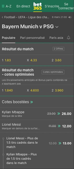 cotes bayern psg avec bet365