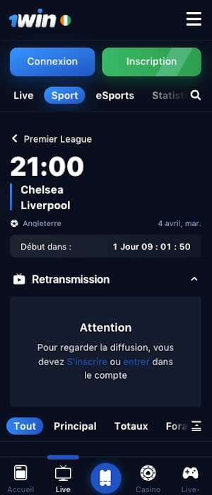 parier chelsea vs liverpool avec 1win