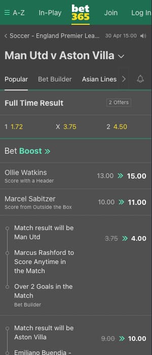 cotes bet365 pour man united vs aston villa