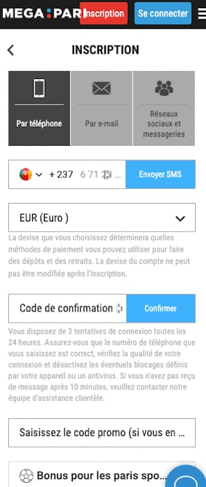 megapari inscription sur mobile
