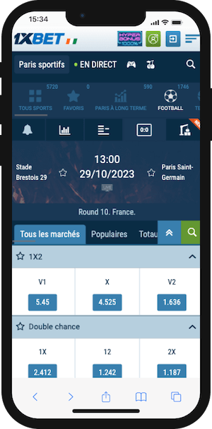 cotes brest vs psg sur 1xbet
