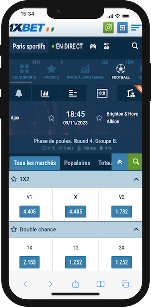 cotes ajax vs brighton sur 1xbet