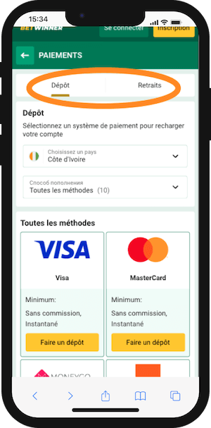betwinner depot retrait sur mobile